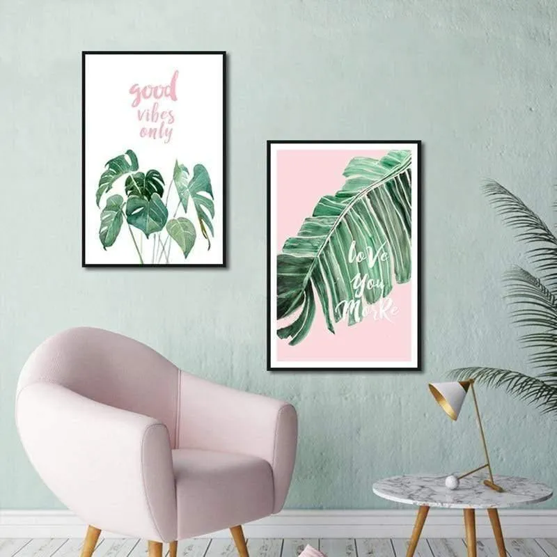 Grünes blatt rosa hintergrund frischen nordischen stil wandkunst leinwand malerei hd print wandbild für wohnzimmer wohnkultur