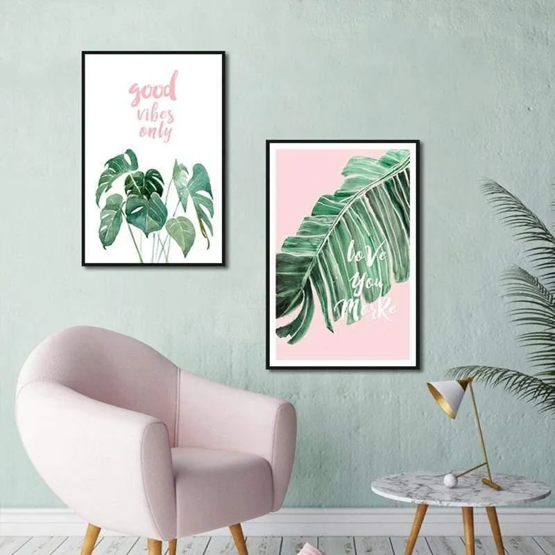 Grünes blatt rosa hintergrund frischen nordischen stil wandkunst leinwand malerei hd print wandbild für wohnzimmer wohnkultur