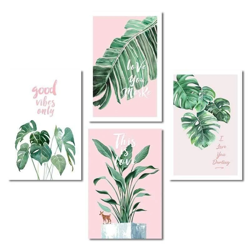 Grünes blatt rosa hintergrund frischen nordischen stil wandkunst leinwand malerei hd print wandbild für wohnzimmer wohnkultur