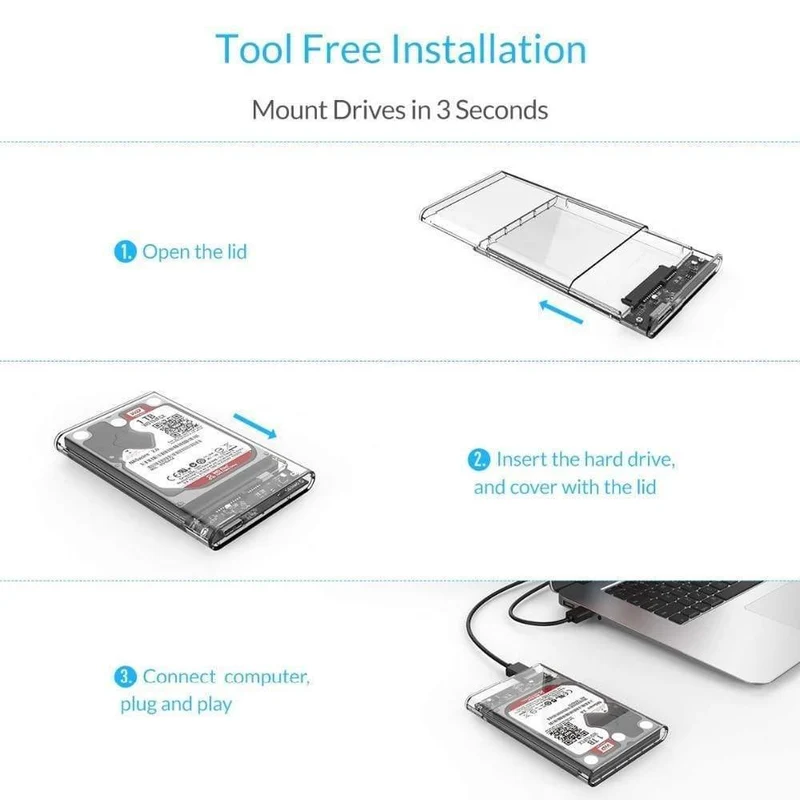 HDD-Gehäuse 2.5 Transparenter SATA-zu-USB-3.0-Adapter Externes Festplattengehäuse für 7 mm/9.5 mm SSD-Festplatte HDD UASP SATA III