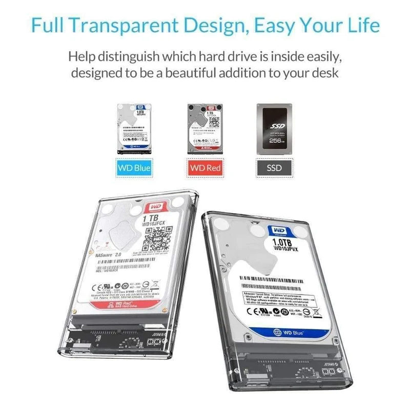 HDD-Gehäuse 2.5 Transparenter SATA-zu-USB-3.0-Adapter Externes Festplattengehäuse für 7 mm/9.5 mm SSD-Festplatte HDD UASP SATA III