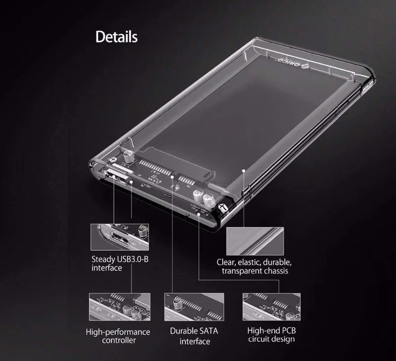 HDD-Gehäuse 2.5 Transparenter SATA-zu-USB-3.0-Adapter Externes Festplattengehäuse für 7 mm/9.5 mm SSD-Festplatte HDD UASP SATA III