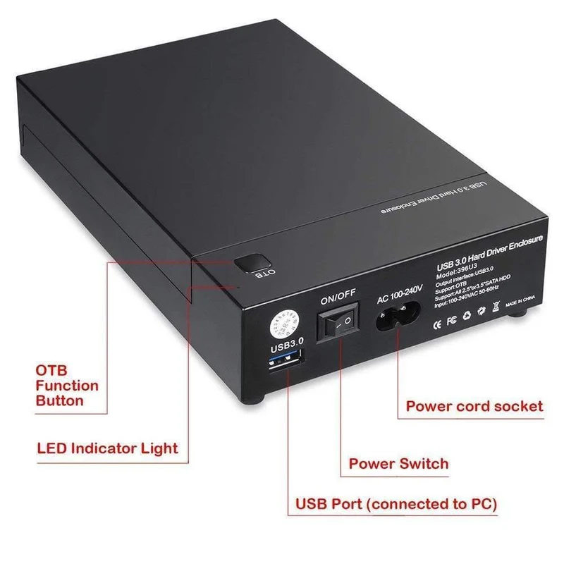 USB 3.0 2.5 "3.5" SATA-Festplatte Externes Gehäuse SSD HDD-Gehäuse Unterstützung für UASP 8TB-Laufwerke OTB One Touch Backup