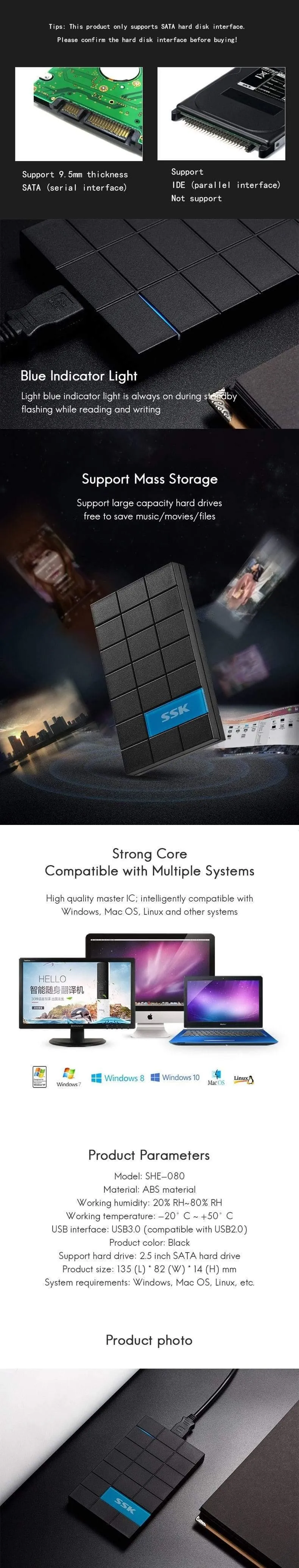 SSK HDD-Gehäuse 2.5 Zoll SATA zu USB 3.0 SSD HDD-Gehäuseadapter für Typ C-Festplattenlaufwerk Externe Festplatte High Speed ​​Schwarz 080