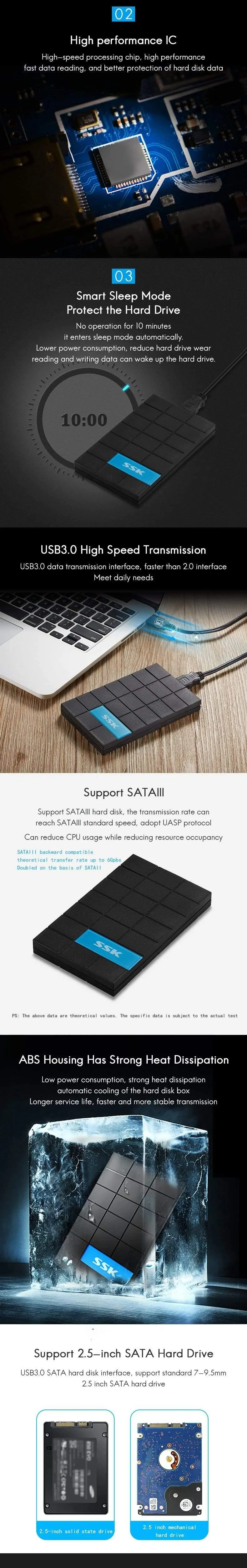 SSK HDD-Gehäuse 2.5 Zoll SATA zu USB 3.0 SSD HDD-Gehäuseadapter für Typ C-Festplattenlaufwerk Externe Festplatte High Speed ​​Schwarz 080