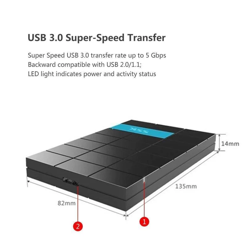 SSK HDD-Gehäuse 2.5 Zoll SATA zu USB 3.0 SSD HDD-Gehäuseadapter für Typ C-Festplattenlaufwerk Externe Festplatte High Speed ​​Schwarz 080