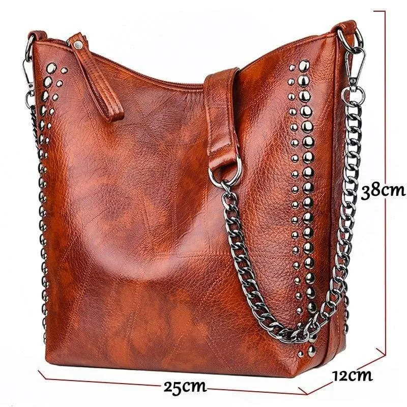 Damen-Handtasche aus weichem Leder, hochwertige Niete, Damen-Umhängetasche, Shopper, Eimertasche