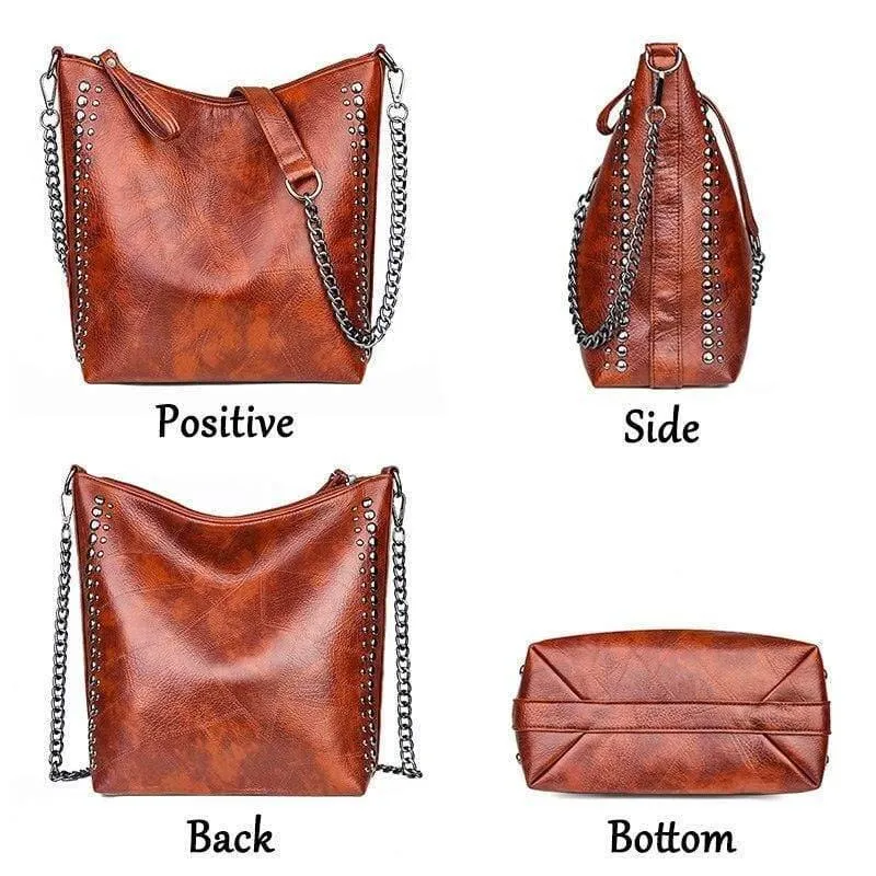 Damen-Handtasche aus weichem Leder, hochwertige Niete, Damen-Umhängetasche, Shopper, Eimertasche