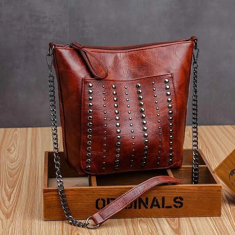 Damen-Handtasche aus weichem Leder, hochwertige Niete, Damen-Umhängetasche, Shopper, Eimertasche