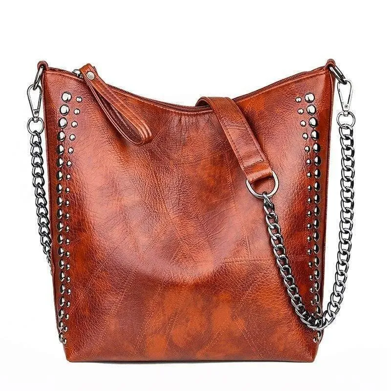 Damen-Handtasche aus weichem Leder, hochwertige Niete, Damen-Umhängetasche, Shopper, Eimertasche