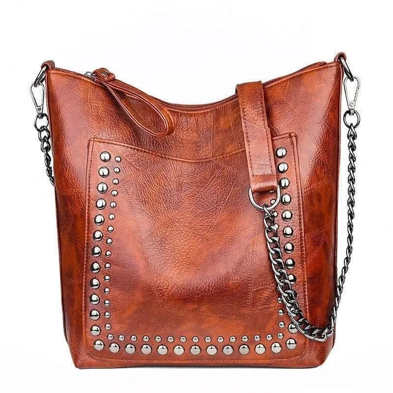 Damen-Handtasche aus weichem Leder, hochwertige Niete, Damen-Umhängetasche, Shopper, Eimertasche