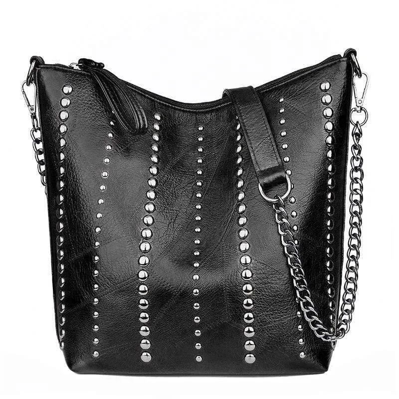 Damen-Handtasche aus weichem Leder, hochwertige Niete, Damen-Umhängetasche, Shopper, Eimertasche