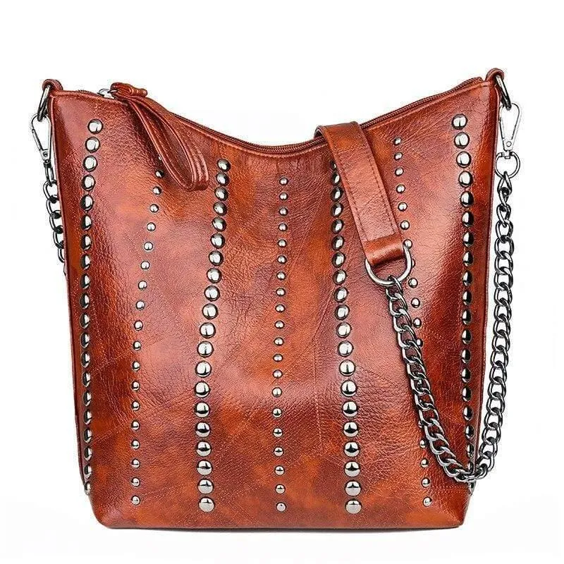 Damen-Handtasche aus weichem Leder, hochwertige Niete, Damen-Umhängetasche, Shopper, Eimertasche