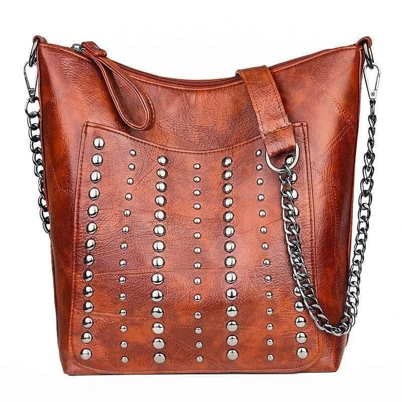 Damen-Handtasche aus weichem Leder, hochwertige Niete, Damen-Umhängetasche, Shopper, Eimertasche