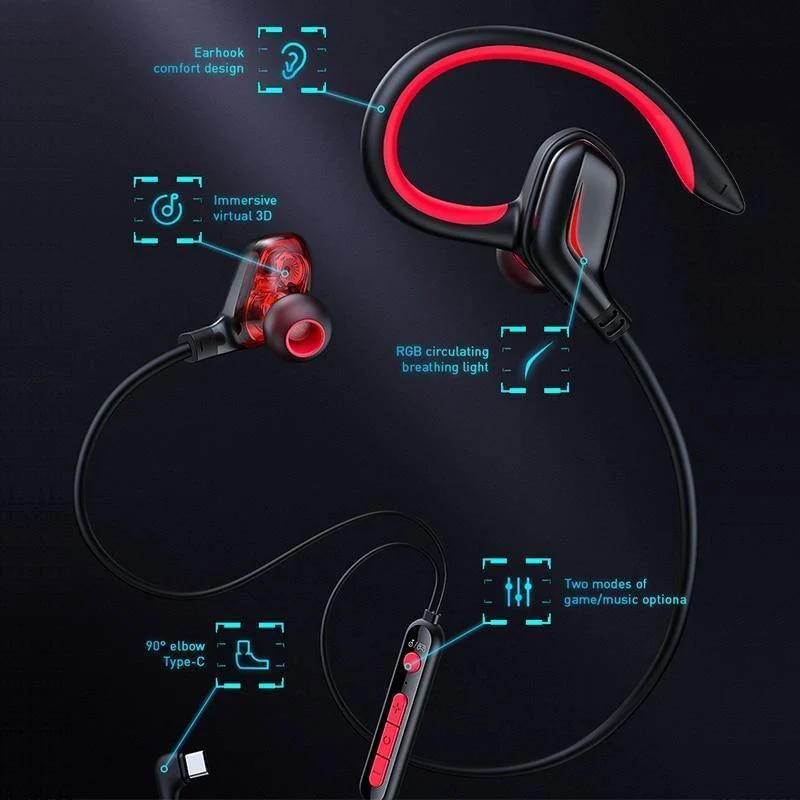 Baseus GAMO C18 Typ C Gaming-Kopfhörer mit RGB Light Earhook Kabelgebundener In-Ear-Bass-Stereo-Kopfhörer für PS4 PC Computer Gamer