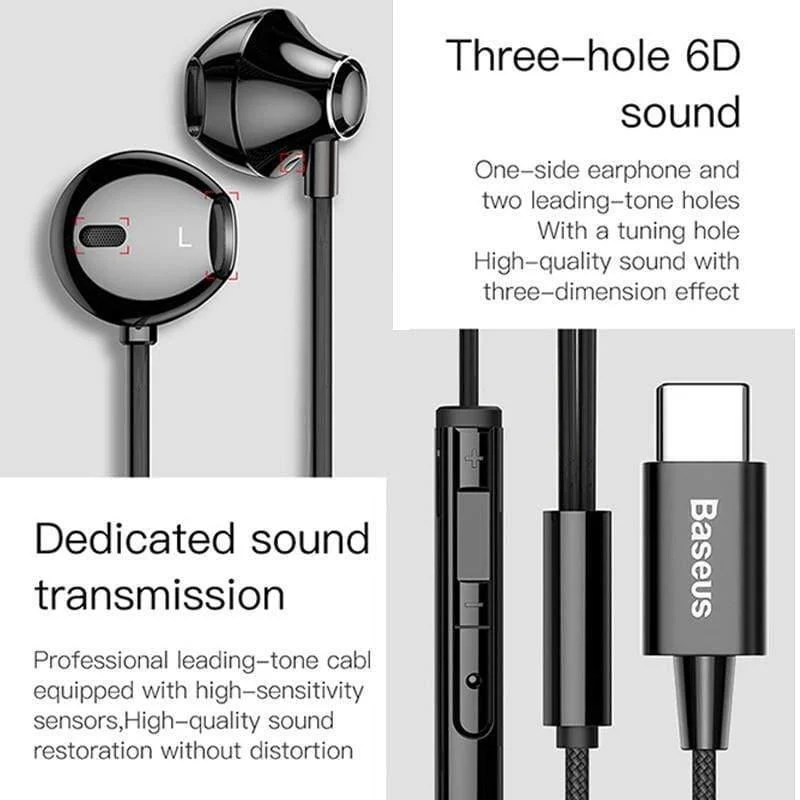Baseus C06 USB Typ-C Kopfhörer Stereo Sound Ohrhörer Mit Mikrofon für Xiaomi mi 9 8 se note 3 Oppo Find X (SCHWARZ)