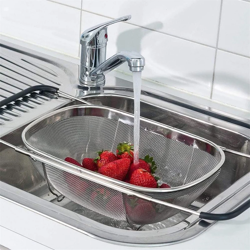 Edelstahl-Sieb, einziehbar, mikroperforiert, zum Abtropfen, Waschen, Spülen, für Obst, Gemüse, Geschirrspüler