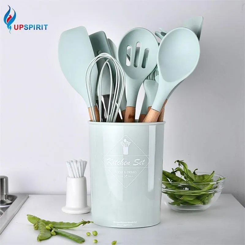 12 teile / satz Kochgeschirr Set Silikon Spaghetti Tong / Lebensmittel Clip / Öl Pinsel / Spachtel / Schneebesen / Container Küche Werkzeug