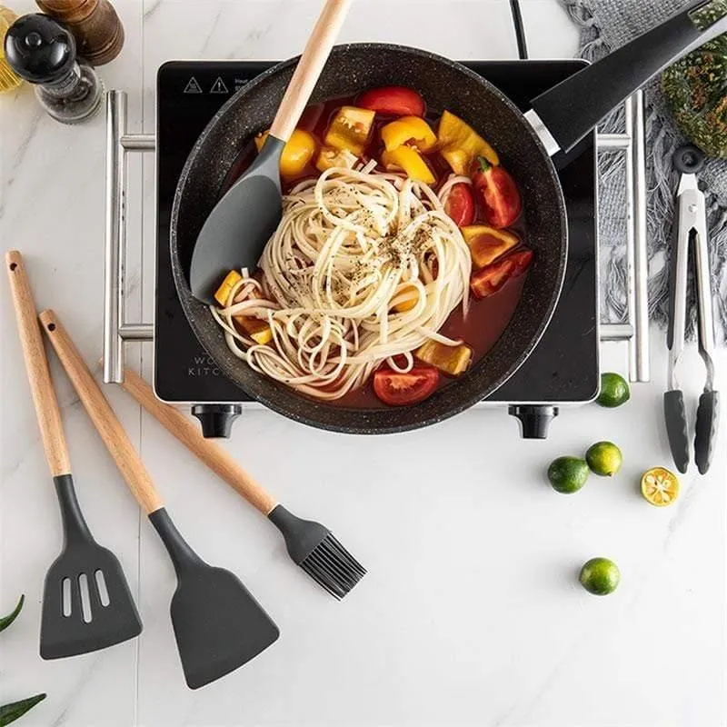 12 teile / satz Kochgeschirr Set Silikon Spaghetti Tong / Lebensmittel Clip / Öl Pinsel / Spachtel / Schneebesen / Container Küche Werkzeug
