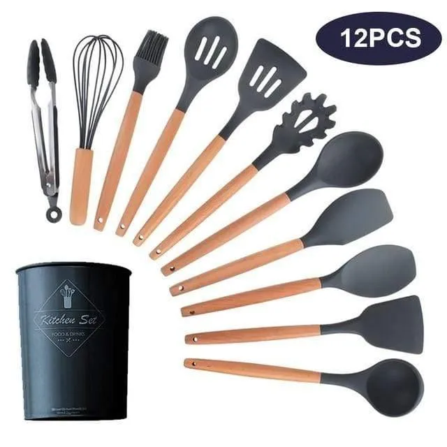 12 teile / satz Kochgeschirr Set Silikon Spaghetti Tong / Lebensmittel Clip / Öl Pinsel / Spachtel / Schneebesen / Container Küche Werkzeug