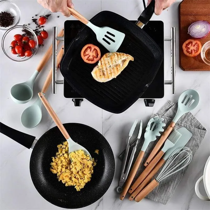 12 teile / satz Kochgeschirr Set Silikon Spaghetti Tong / Lebensmittel Clip / Öl Pinsel / Spachtel / Schneebesen / Container Küche Werkzeug