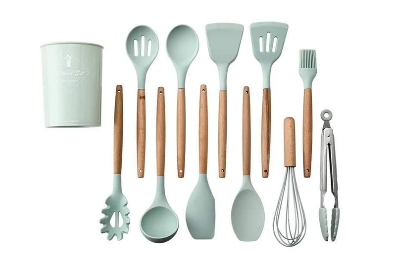 12 teile / satz Kochgeschirr Set Silikon Spaghetti Tong / Lebensmittel Clip / Öl Pinsel / Spachtel / Schneebesen / Container Küche Werkzeug