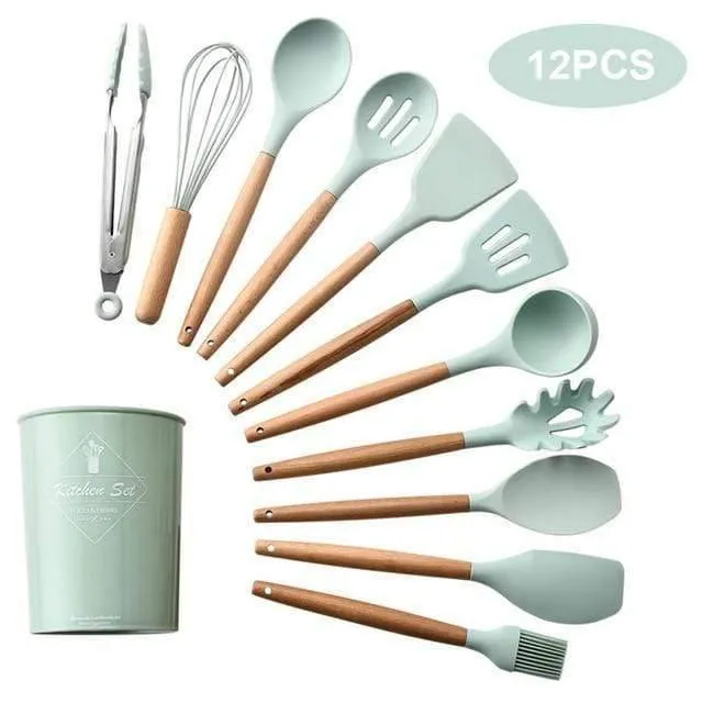 12 teile / satz Kochgeschirr Set Silikon Spaghetti Tong / Lebensmittel Clip / Öl Pinsel / Spachtel / Schneebesen / Container Küche Werkzeug