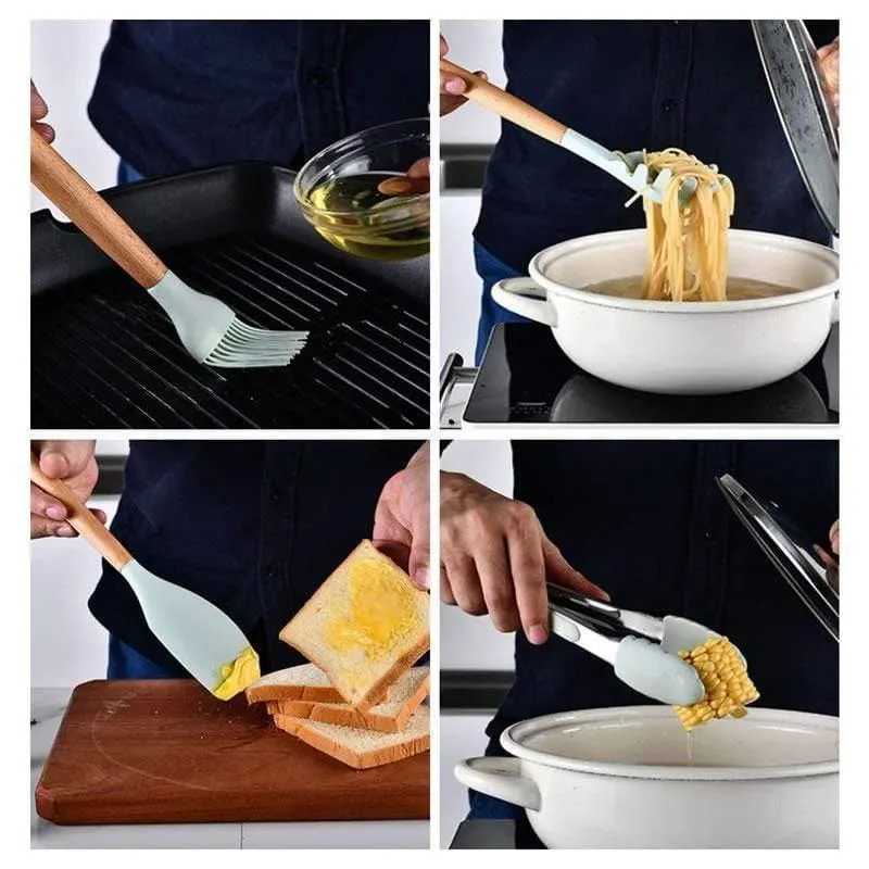 12 teile / satz Kochgeschirr Set Silikon Spaghetti Tong / Lebensmittel Clip / Öl Pinsel / Spachtel / Schneebesen / Container Küche Werkzeug