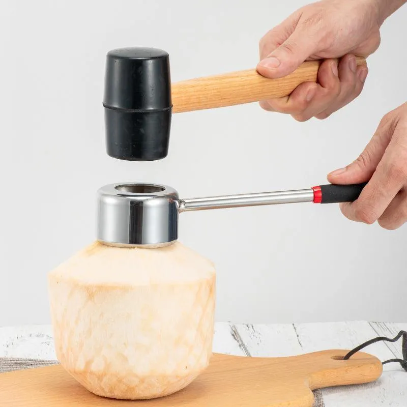 Kokosnuss-Öffner-Werkzeug-Set, Lebensmittelqualität 304 Edelstahl, Öffner, Kokosnuss-Fleischwerkzeug, Holzgriff, Gummihammer, einfach zu bedienen, langlebig