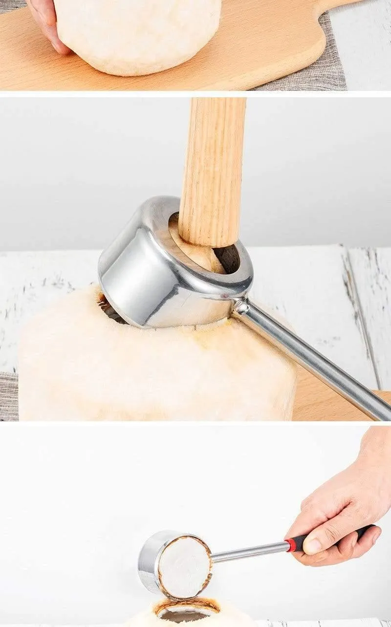 Kokosnuss-Öffner-Werkzeug-Set, Lebensmittelqualität 304 Edelstahl, Öffner, Kokosnuss-Fleischwerkzeug, Holzgriff, Gummihammer, einfach zu bedienen, langlebig