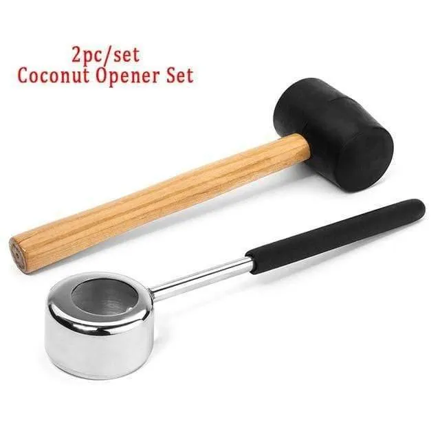 Kokosnuss-Öffner-Werkzeug-Set, Lebensmittelqualität 304 Edelstahl, Öffner, Kokosnuss-Fleischwerkzeug, Holzgriff, Gummihammer, einfach zu bedienen, langlebig
