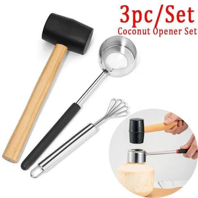 Kokosnuss-Öffner-Werkzeug-Set, Lebensmittelqualität 304 Edelstahl, Öffner, Kokosnuss-Fleischwerkzeug, Holzgriff, Gummihammer, einfach zu bedienen, langlebig