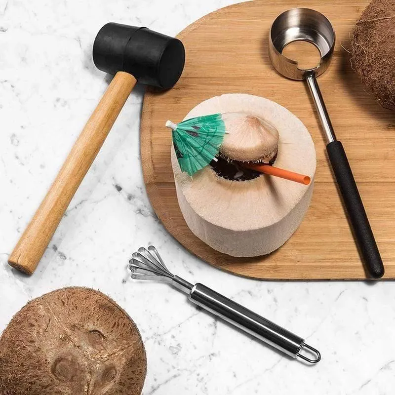 Kokosnuss-Öffner-Werkzeug-Set, Lebensmittelqualität 304 Edelstahl, Öffner, Kokosnuss-Fleischwerkzeug, Holzgriff, Gummihammer, einfach zu bedienen, langlebig