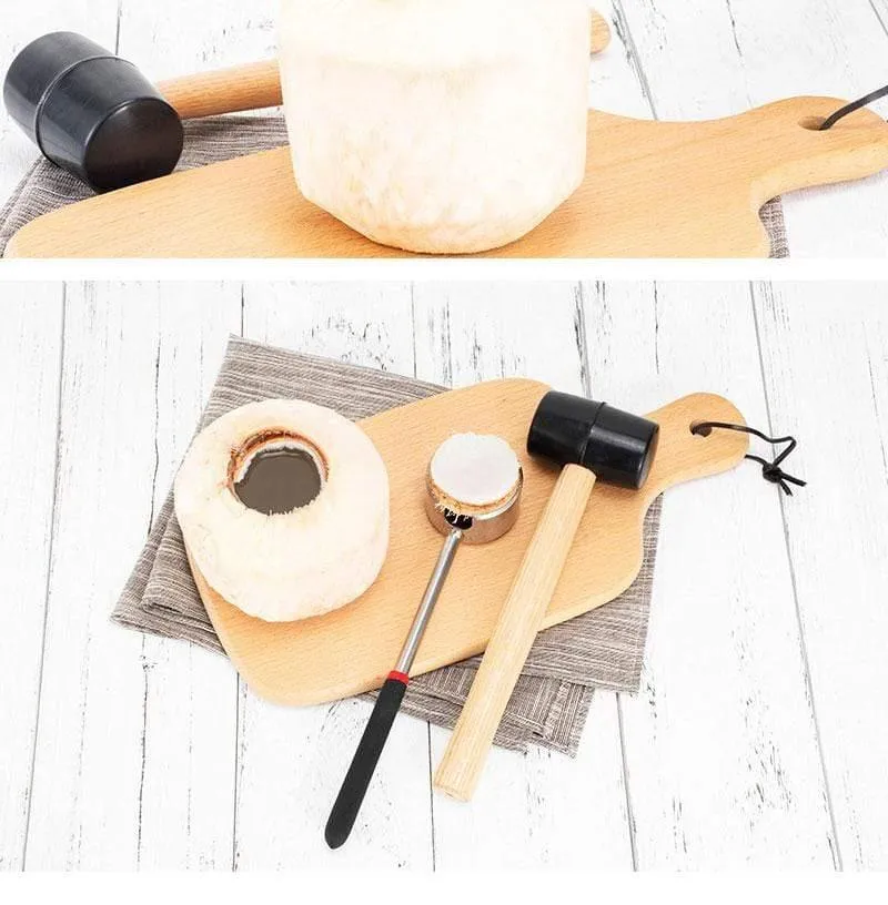 Kokosnuss-Öffner-Werkzeug-Set, Lebensmittelqualität 304 Edelstahl, Öffner, Kokosnuss-Fleischwerkzeug, Holzgriff, Gummihammer, einfach zu bedienen, langlebig