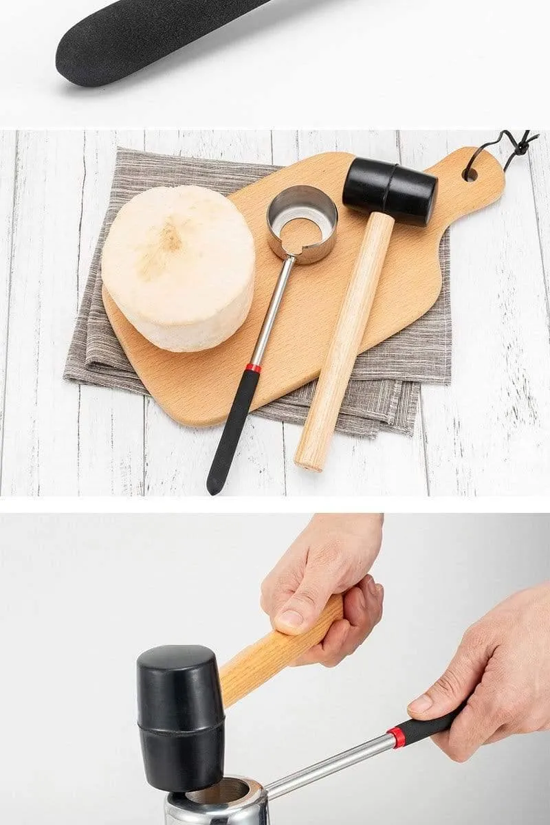 Kokosnuss-Öffner-Werkzeug-Set, Lebensmittelqualität 304 Edelstahl, Öffner, Kokosnuss-Fleischwerkzeug, Holzgriff, Gummihammer, einfach zu bedienen, langlebig