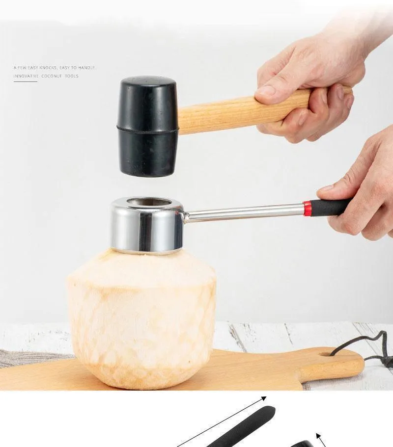 Kokosnuss-Öffner-Werkzeug-Set, Lebensmittelqualität 304 Edelstahl, Öffner, Kokosnuss-Fleischwerkzeug, Holzgriff, Gummihammer, einfach zu bedienen, langlebig