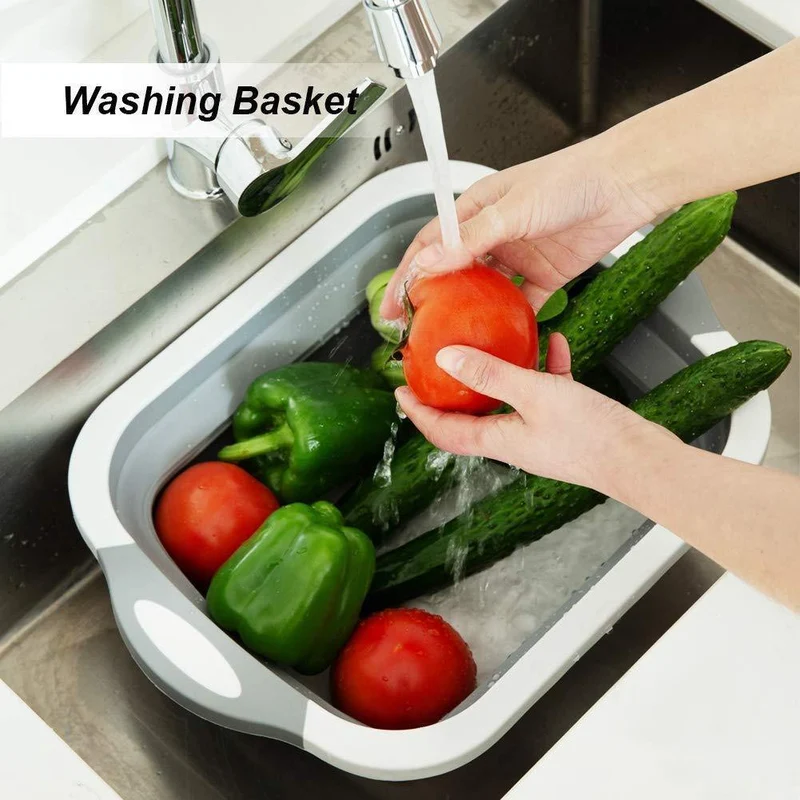 3in1 Waschbecken Falten Hacken Schneidebrett Gericht Badewanne Obst Gemüse Waschen Ablauf Ablagekorb Zusammenklappbare Sieb Küche Werkzeug