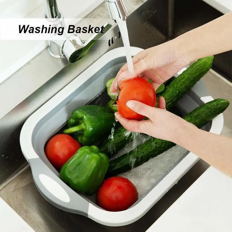 3in1 Waschbecken Falten Hacken Schneidebrett Gericht Badewanne Obst Gemüse Waschen Ablauf Ablagekorb Zusammenklappbare Sieb Küche Werkzeug