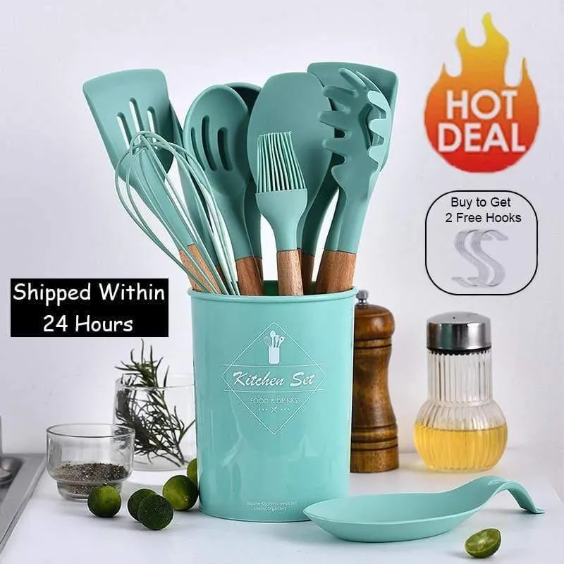 9/10/12 stücke Kochen Werkzeuge Set Premium Silikon Küche Kochutensilien Set Mit Aufbewahrungsbox Turner Zange Spatel Suppenlöffel
