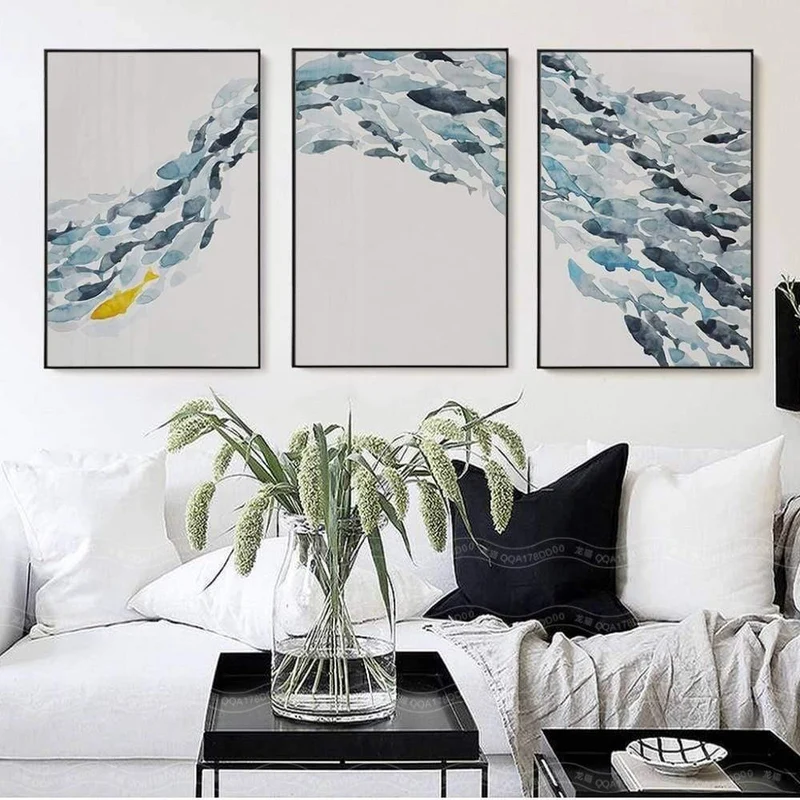 Nordic Einfache Abstrakte Fisch Gruppe Poster und Drucke Wand Kunstdruck Leinwand Malerei Dekorative Bild für Wohnzimmer Minimalis