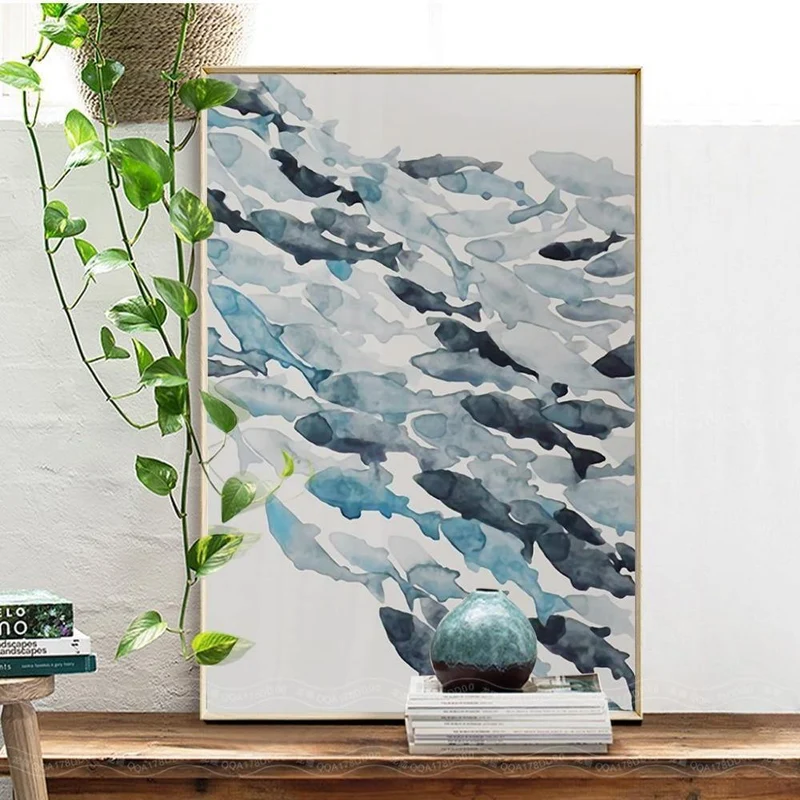 Nordic Einfache Abstrakte Fisch Gruppe Poster und Drucke Wand Kunstdruck Leinwand Malerei Dekorative Bild für Wohnzimmer Minimalis