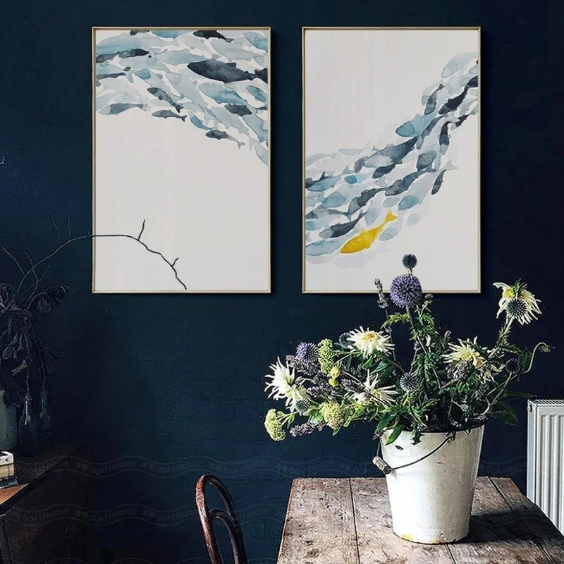 Nordic Einfache Abstrakte Fisch Gruppe Poster und Drucke Wand Kunstdruck Leinwand Malerei Dekorative Bild für Wohnzimmer Minimalis