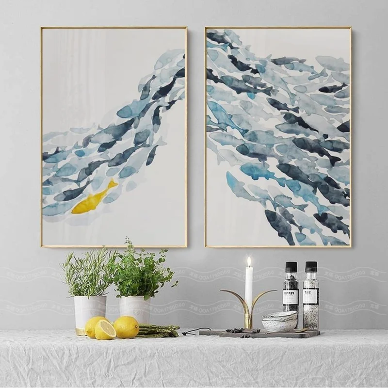 Nordic Einfache Abstrakte Fisch Gruppe Poster und Drucke Wand Kunstdruck Leinwand Malerei Dekorative Bild für Wohnzimmer Minimalis