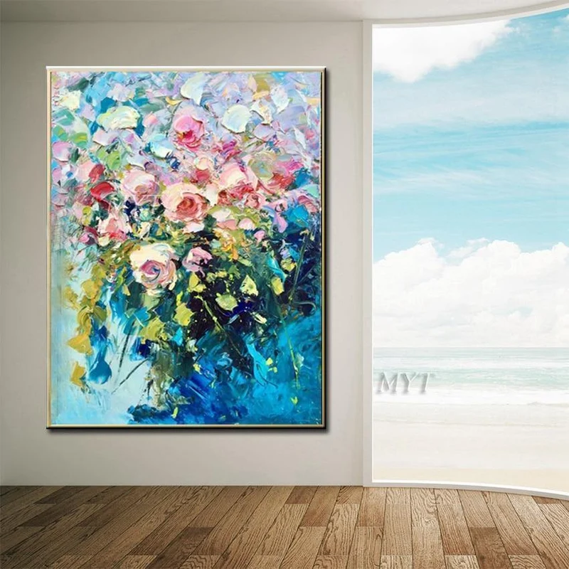Handgemaltes florales lila abstraktes Ölgemälde, moderne Wandkunst, Wohnzimmer, ohne Rahmen, Bild, Heimdekoration, Gemälde