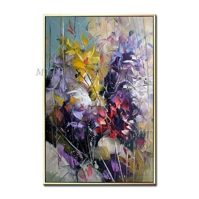 Handgemaltes florales lila abstraktes Ölgemälde, moderne Wandkunst, Wohnzimmer, ohne Rahmen, Bild, Heimdekoration, Gemälde