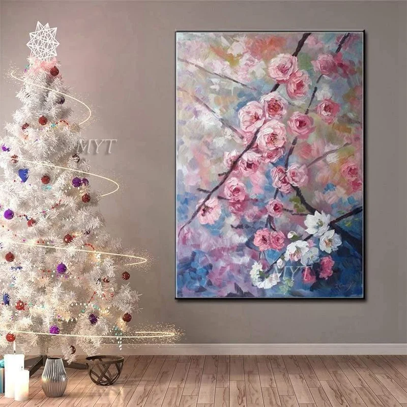 Handgemaltes florales lila abstraktes Ölgemälde, moderne Wandkunst, Wohnzimmer, ohne Rahmen, Bild, Heimdekoration, Gemälde