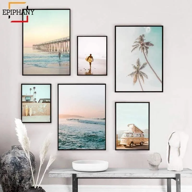 California Surf Kunstdrucke Strand Wandkunst Sommer Print Sonnenuntergang Landschaft Leinwand Malerei Surfbrett Boho Decor Coastal Poster