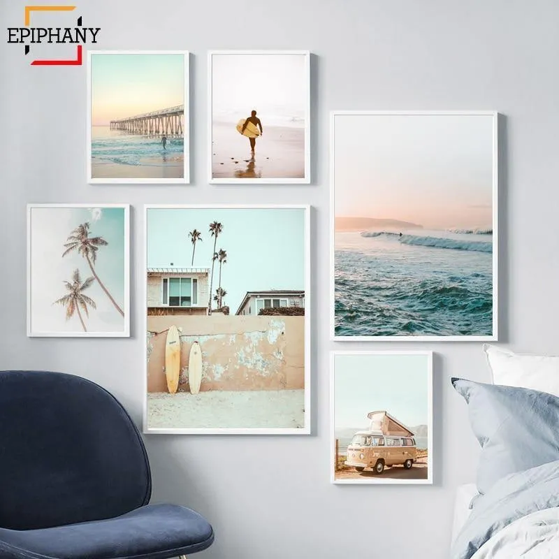 California Surf Kunstdrucke Strand Wandkunst Sommer Print Sonnenuntergang Landschaft Leinwand Malerei Surfbrett Boho Decor Coastal Poster
