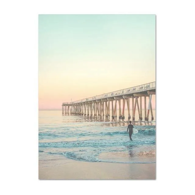 California Surf Kunstdrucke Strand Wandkunst Sommer Print Sonnenuntergang Landschaft Leinwand Malerei Surfbrett Boho Decor Coastal Poster