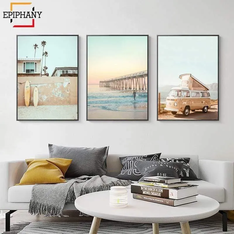 California Surf Kunstdrucke Strand Wandkunst Sommer Print Sonnenuntergang Landschaft Leinwand Malerei Surfbrett Boho Decor Coastal Poster